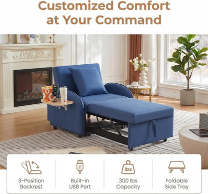 3-in-1 Convertible Sleeper Bed, Pull Out Single Sofa Bed with Adjustable Backrest, Foldable Recliner Sofa with Side Table & USB Port, Sleeper Chair for Living Room, Home Office, Blue