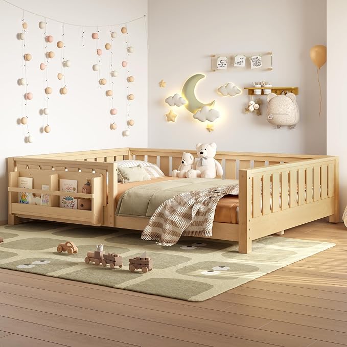 Bellemave Queen Size Floor Bed with Slats and Safety Guardrail, Queen Size Montessori Floor Bed with Fence and Built-in Bookshelf, Easy Assemble Montessori Beds for Girls, Boys, Light Natural