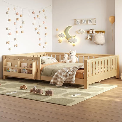 Bellemave Queen Size Floor Bed with Slats and Safety Guardrail, Queen Size Montessori Floor Bed with Fence and Built-in Bookshelf, Easy Assemble Montessori Beds for Girls, Boys, Light Natural