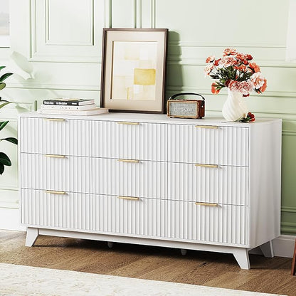 VINGLI 9 Drawer Dresser White Fluted Dresser for Bedroom with Rounded Edges, 57" Long Wood Dressers White and Gold, 57" W*15.75" D*29.92" H