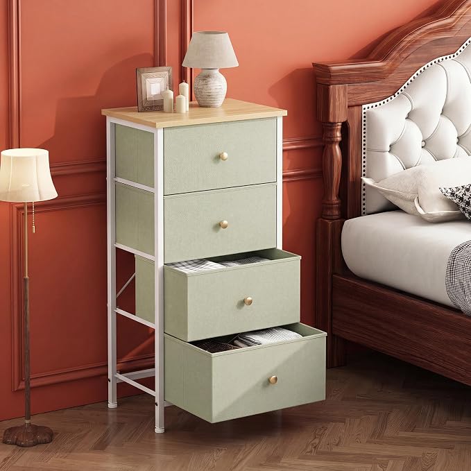 DUMOS Nightstand with 4 Drawers Bedside Table with Removable Fabric Bins Sturdy Steel Frame Wood Top Organizer Furniture for Bedroom Closet Living Room, Light Green