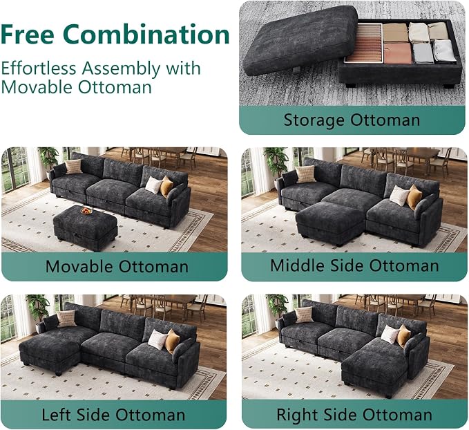 Modular Sectional L Shaped Sofa Couches for Living Room, Cloud Couch with Storage Ottoman, Comfy Chenille Sofa with Pillow, Black