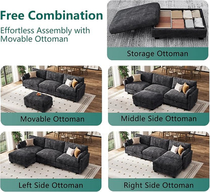 Modular Sectional L Shaped Sofa Couches for Living Room, Cloud Couch with Storage Ottoman, Comfy Chenille Sofa with Pillow, Black