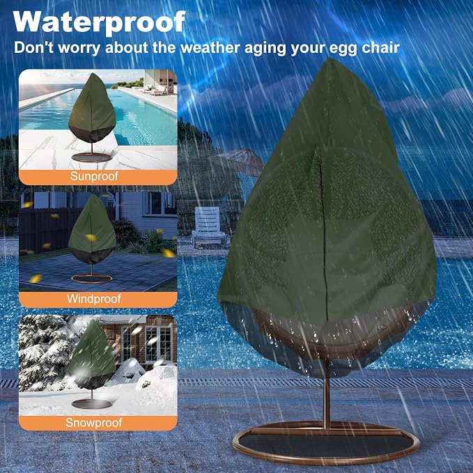 Egg Chair Cover Waterproof, 75x45 Inch Outdoor Hanging Egg Swing Chair Cover, Heavy Duty 420D Oxford Fabric, UV Resistant Windproof with Zipper & Drawstring, Fits Single Seat Egg Chair (Army Green)