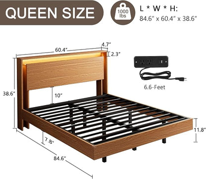 Einhomn Bed Frame Queen Size with LED Lights & Charging Station – Kids Wood Floating Queen Bed Frame with Storage Headboard, Adhesive Slats, Kick-Free & Noise-Free Design, Easy Assembly, Walnut