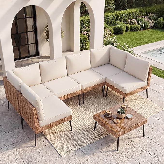 Aoxun 7-Piece Patio Furniture Set, Wicker Outdoor Furniture with Water Resistant Thick Cushions, Patio Conversation Set Outdoor Sectional Sofa with Coffee Table for Backyard Poolside, Beige