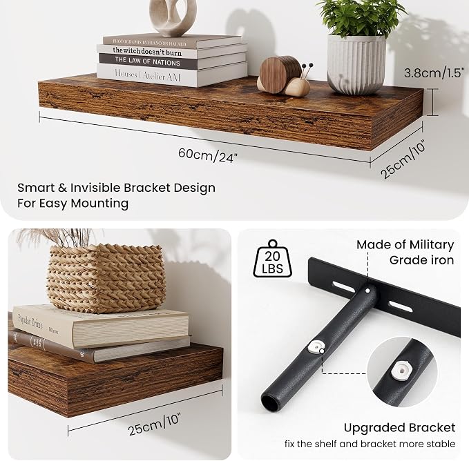 Fun Memories 24 Inch Floating Shelves Wall-Mounted, 10 Inch Deep Wall Shelves, 24 x 10 Floating Shelf for Living Room Bathroom Bedroom, Rustic Brown, Set of 2