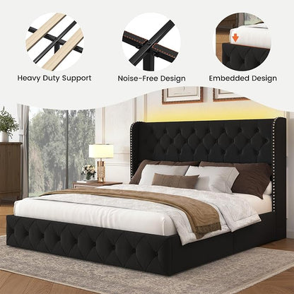 LARMACE King Size Bed Frame with LED Lights and 4 Storage Drawers Velvet Upholstered Platform Bed Frame with 47.2" Tall Tufted Headboard Wingback, No Box Spring Needed, Easy to Assemble, Black