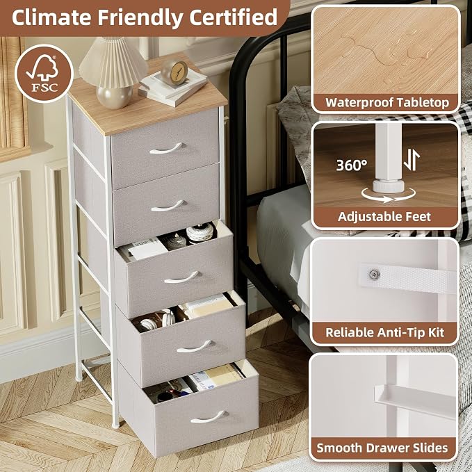 Somdot Tall Dresser for Bedroom with 6 Drawers, Storage Organizer Chest of Drawers with Removable Fabric Bins for Closet Bedside Living Room Laundry Entryway Hallway, Ash Grey