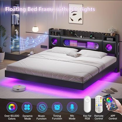 Dnxao Floating Bed Frame King with Storage Headboard & LED Lights, PU Black | Charging Station & Open Shelves, Hidden Storage PU Upholstered Headboard, No Box Spring Needed, Noise-Free, Easy Assembly