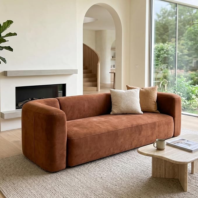 Acanva Luxury Modern Tight Curved Back Velvet Sofa, Minimalist Style Comfy Couch for Living Room Apartment, 3 Seater, Tangerine