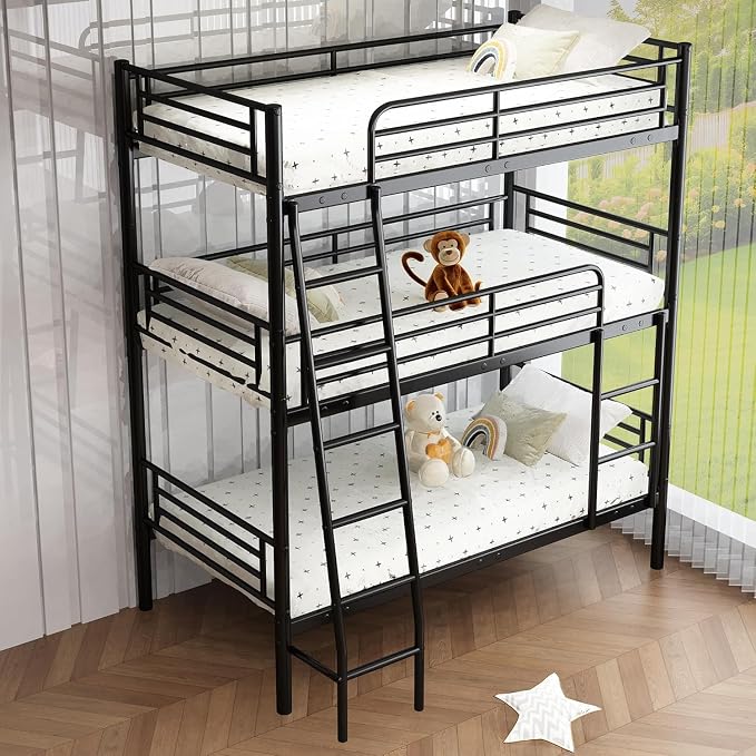 Metal Triple Bunk Bed,Twin Over Twin Bunk Bed for 3, Separates Into 3 Beds with Guardrail and Ladder, Heavy Duty Triple Bed Frame Suitable for Teenager/Adults, No Box Spring Needed(Black)
