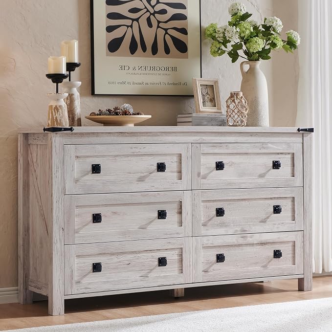 T4TREAM 54" Wide Farmhouse 6-Drawer Dresser for Bedroom, Antique Brush White