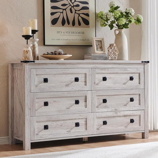 T4TREAM 54" Wide Farmhouse 6-Drawer Dresser for Bedroom, Antique Brush White