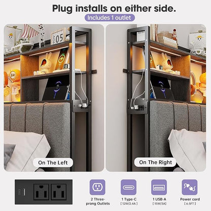 54.8" Tall Twin Size Headboard with 3-Tier Storage Shelves, Linen Upholstered Head Board with USB & Type C Port & LED Light, Soft Backrest for Twin Size Bed,Sturdy Headboard Only