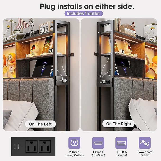 54.8" Tall Headboard Full Size Bed with 3-Tier Storage Shelves, Linen Upholstered Head Board with USB & Type C Port & LED Light, Soft Backrest for Full Size Bed