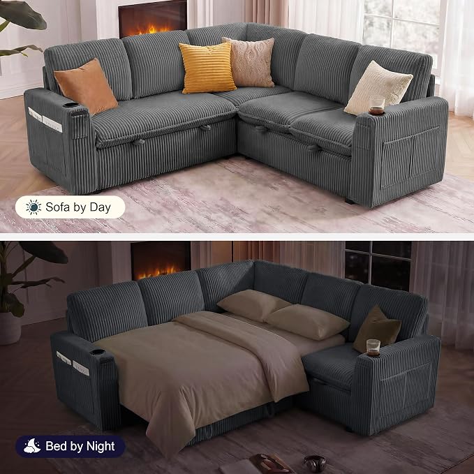 Sectional Sleeper Sofa with Pull Out Bed, Plush Corduroy 5 Seat Modular Sectional Sofa with Storage Chaise and Adjustable Backrest, Cloud Couches for Living Room, Apartment, Smoke Grey
