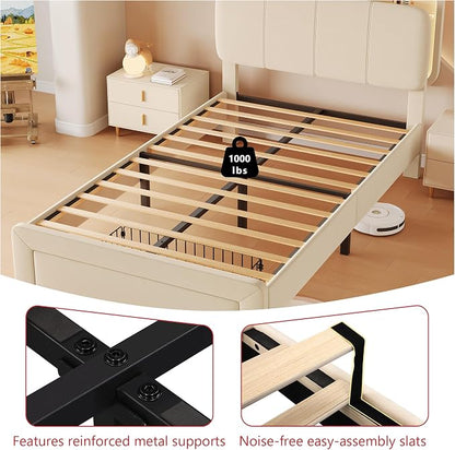 Feonase Twin Upholstered Bed Frame with Storage Drawers and Headboard, Built-in Charging Station, Velvet Platform LED Bed with Solid Wood Slat Support, No Box Spring Needed, for Girls and Kids, Beige