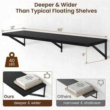 Axeman Deep Floating Shelves - 40 Inch Black Floating Shelves Set of 2-12 Inch Deep Wood Wall Shelves for Living Room Bathroom Kitchen