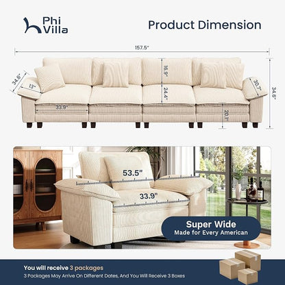 PHI VILLA Cloud Modular Couches Sets, 157.5" Sectional Sofa with Upholstered Deep Seat, 4-Seater Long Couches for Living Room Apartment, Corduroy Fabric, Beige