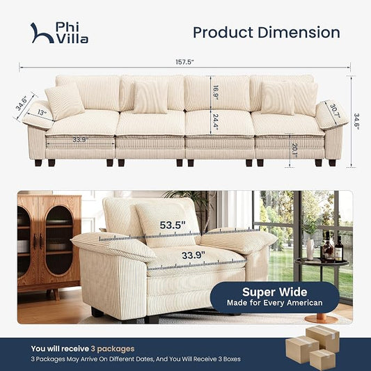 PHI VILLA Cloud Modular Couches Sets, 157.5" Sectional Sofa with Upholstered Deep Seat, 4-Seater Long Couches for Living Room Apartment, Corduroy Fabric, Beige