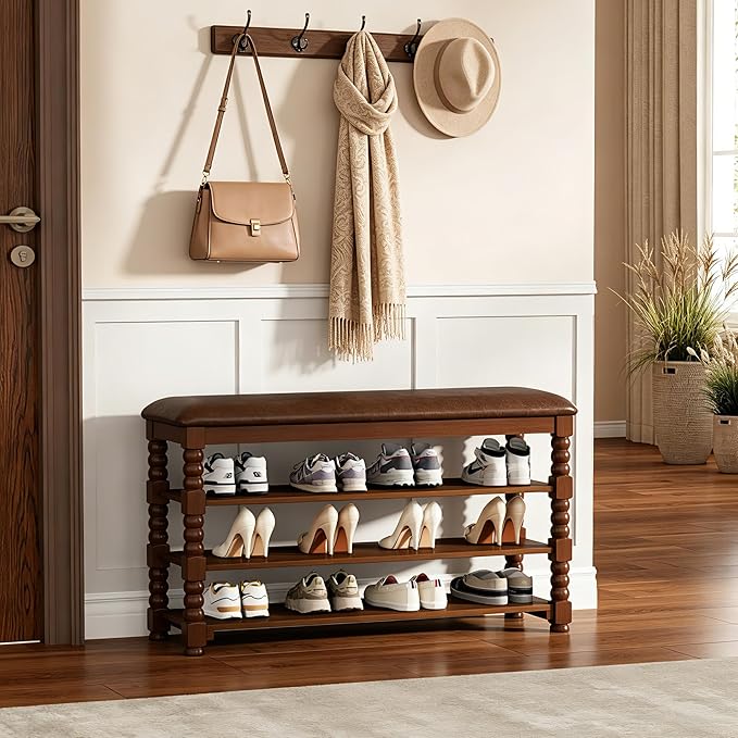 Homleke 3-Tier Solid Wood Shoe Rack Bench with Classic Turned Ball Legs | Tall Entryway Bench with Leather Seat, Holds Up to 12 Pairs, for Hallway, Bedroom and Closet, Walnut, 39.4 Inch