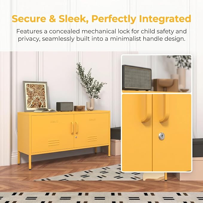 Wide Lockable Metal TV Stand with Accent Cabinet Locker, Heavy Duty Entertainment Center for Bedroom, Adjustable Shelves & 2 Doors, Multifunctional Storage Cabinet for Home 22"H X 35.4"W X 13.8"D