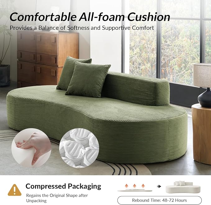94.5" Modern Curved Sofa, 3-Seater Comfy Foam Couch with 2 Pillows, Frameless & No Assembly Required, Cloud Couch for Living Room, Green