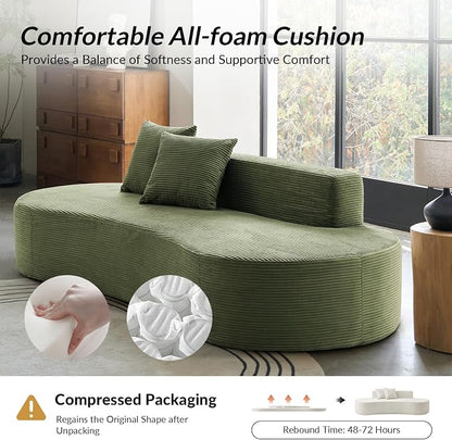 94.5" Modern Curved Sofa, 3-Seater Comfy Foam Couch with 2 Pillows, Frameless & No Assembly Required, Cloud Couch for Living Room, Green