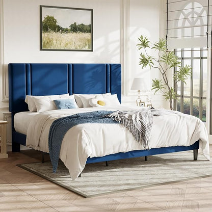 Allewie King Size Platform Bed Frame with Adjustable Headboard, Plush Velvet Upholstered, Vertical Channel Tufted, Sturdy Wooden Slats, No Box Spring Needed, Easy Assembly, Blue