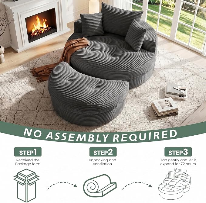 Oversized Round Chaise Lounge Chair, Deep Seat Cloud Boneless Floor Sofa Couch, Upholstered Corduroy Sleeper with 3 Pillows & Optional Ottoman, No Assembly Modern Lazy Floor Lounger for Living Room