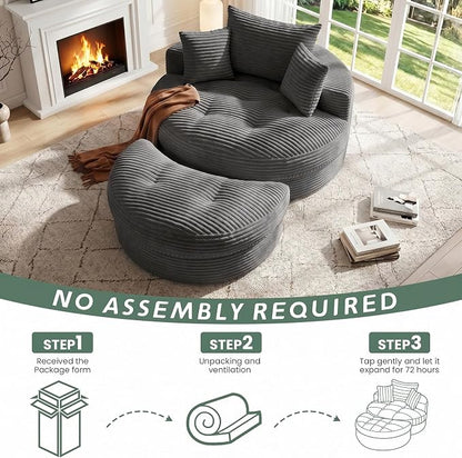 Oversized Round Chaise Lounge Chair, Deep Seat Cloud Boneless Floor Sofa Couch, Upholstered Corduroy Sleeper with 3 Pillows & Optional Ottoman, No Assembly Modern Lazy Floor Lounger for Living Room