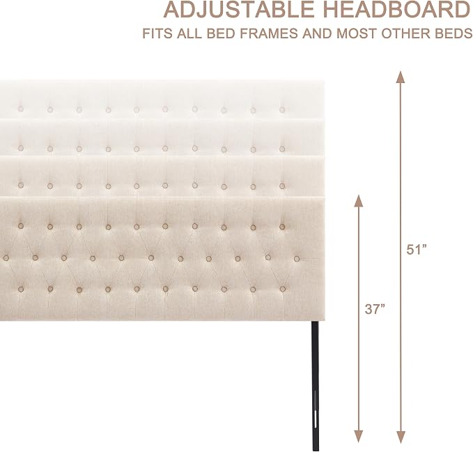 Upholstered Headboard California King, Adjustable Height 37''- 51'', Beige | Sturdy Durable Solid Wood Bed Headboard, Tufted Fabric California King Headboard, Modern Button Diamond Design Head Board