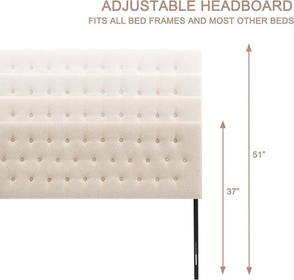 Upholstered Headboard California King, Adjustable Height 37''- 51'', Beige | Sturdy Durable Solid Wood Bed Headboard, Tufted Fabric California King Headboard, Modern Button Diamond Design Head Board
