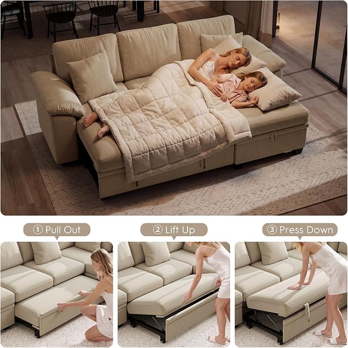 Ihanherry 86" Modular Sectional Sofa with Pull Out Bed, 4-Seater L Shaped Sectional Sleeper Couch with Storage Ottoman, Chenille Convertible Couches for Living Room, Apartment (Sand)