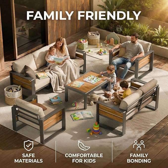 ZANDOR Aluminum Outdoor Patio Furniture Set with Table,5 Seat, Grey | Rustproof,High weight capacity,Water-repellent,Washable Cover,All-Weather Resistant,Easy clean,for Poolside Backyard Deck