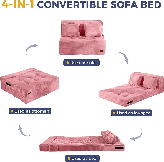 MAXYOYO Convertible Sofa Bed, Fold Out Sofa Couch with Pillow, 4 in 1 Tufted Folding Couch Bed Foam Floor Couch, Lazy Chair for Living Room Bedroom Guest Room, Pink