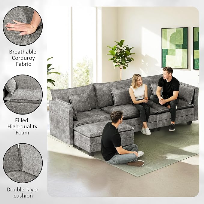 LEVELEVE 112.5" L-Shape Modular Sofa with 1 Ottomans, Deep Seat Cloud Convertible Sleeper, 3 Throw 2 Arm Pillows, Cozy Upholstered Furniture for Living Room Apartment, Dark Grey