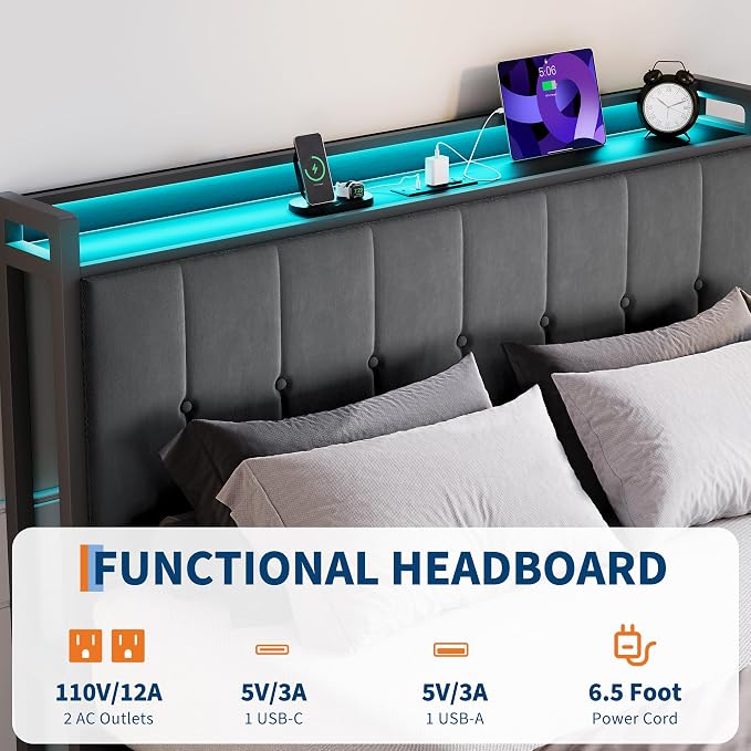 Garvee Full Size Lift Up Storage Bed with LED Lights, Upholstered Velvet Bed Frame with Storage Headboard & Charging Station, Metal Platform Bed, No Box Spring Needed, Solid Wooden Slats, Grey