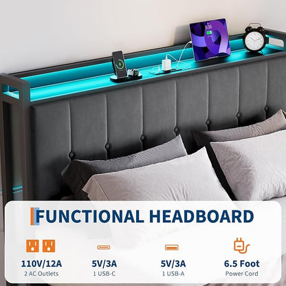 Garvee Full Size Lift Up Storage Bed with LED Lights, Upholstered Velvet Bed Frame with Storage Headboard & Charging Station, Metal Platform Bed, No Box Spring Needed, Solid Wooden Slats, Grey