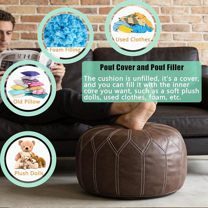 Thgonwid Unstuffed Moroccan Faux Leather Pouf Ottoman Cover with Storage - Boho Chic Multi-Use Footrest for Living Room, Bedroom, Patio - Round Ethnic Floor Cushion & Decorative Accent, Deep Coffee