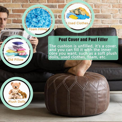 Thgonwid Unstuffed Moroccan Faux Leather Pouf Ottoman Cover with Storage - Boho Chic Multi-Use Footrest for Living Room, Bedroom, Patio - Round Ethnic Floor Cushion & Decorative Accent, Deep Coffee