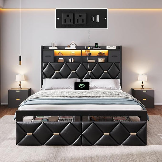 DWVO Full Size Bed Frame with 2 Storage Drawers and Storage Headboard, Upholstered Platform with Charging Station and LED Light, No Box Spring Needed, Noise Free, Easy Assembly, PU Leather Black
