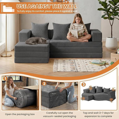 Boneless Couch Small,Convertible Sleeper Sofa Bed, Modular Sectional Sofa, Modern Tri-Folding Cloud Couch with L-Shape Chaise, Corduroy Futon Couches for Small Spaces Apartment,No Assembly
