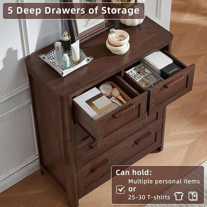 Joaxswe Farmhouse 5 Drawer Dresser for Bedroom, Vertical Dressers Chest of Drawers with 5 Deep Drawers & 4 Thickened Table Legs & Rounded Corners, Walnut