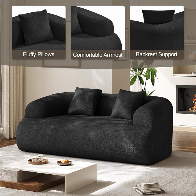 Half Moon Curved Sectional Sofa with 2 Throw Pillows, Modern Style 2-Seater Chenille Leisure Couch with Curved Backrest, Easy Assembly, for Apartment, Living Room, Bedroom, Black （76 inch）