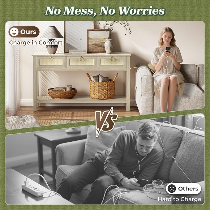 SUPERJARE Rattan Console Sofa Table with Outlets and USB-C Port, 3 Drawer Entryway Table with Synthetic Rattan Surface, Open Shelf, Behind Couch Entry Foyer Hallway Storage, Light Gray