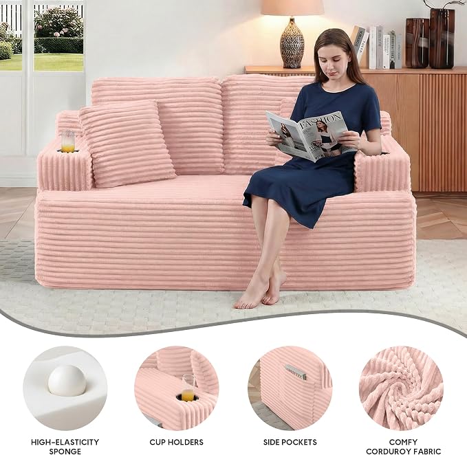 66.5'' Boneless Sofa Couch with Cup Holders & Side Pockets, Modern Corduroy Fabric Upholstered Loveseat Couch with 2 Throw Pillows for Living Room Office, No Assembly (Pink)