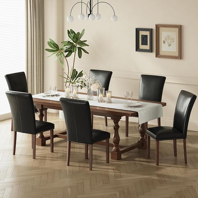 COLAMY Parsons Dining Chairs Set of 6, PU Leather Dining Room Kitchen Side Chair with Nailhead Trim and Wood Legs - Black