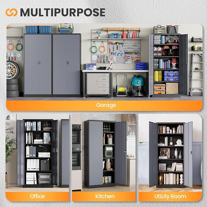 Metal Garage Storage Cabinets with Lock, 72" Tall Tool Cabinet with 2 Door and 4 Adjustable Shelves, Locking Garage Cabinets and Lockable Steel Locker for Home Office Warehouse-(Black Gray-72”H)